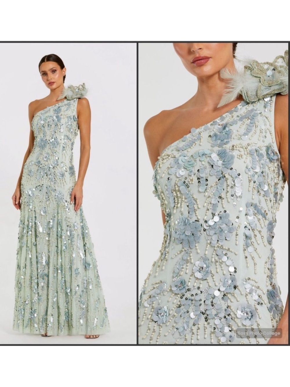 NWT Mac Duggal Sage Embellished 94151 One Shoulder Trumpet Gown with Flower 10